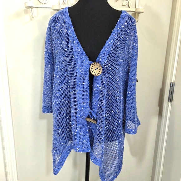 ⭐️Lulu-B Blue Knit Open Cardigan With Coconut Buttobs Size L - Picture 1 of 5